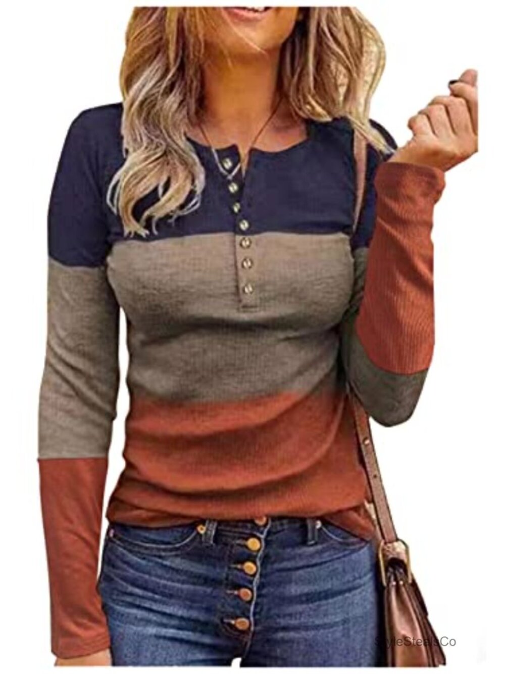 Ribbed Knit Henley Tunic Slim Fit Long Sleeve Top